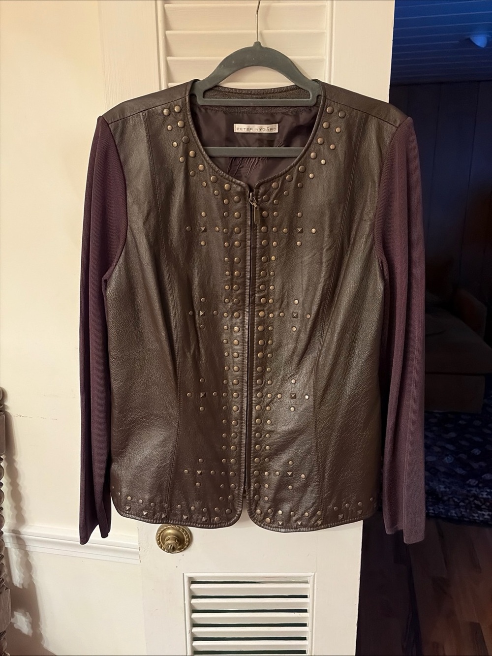 Peter Nygard Brown Studded Leather Jacket with knit brown Sleeves